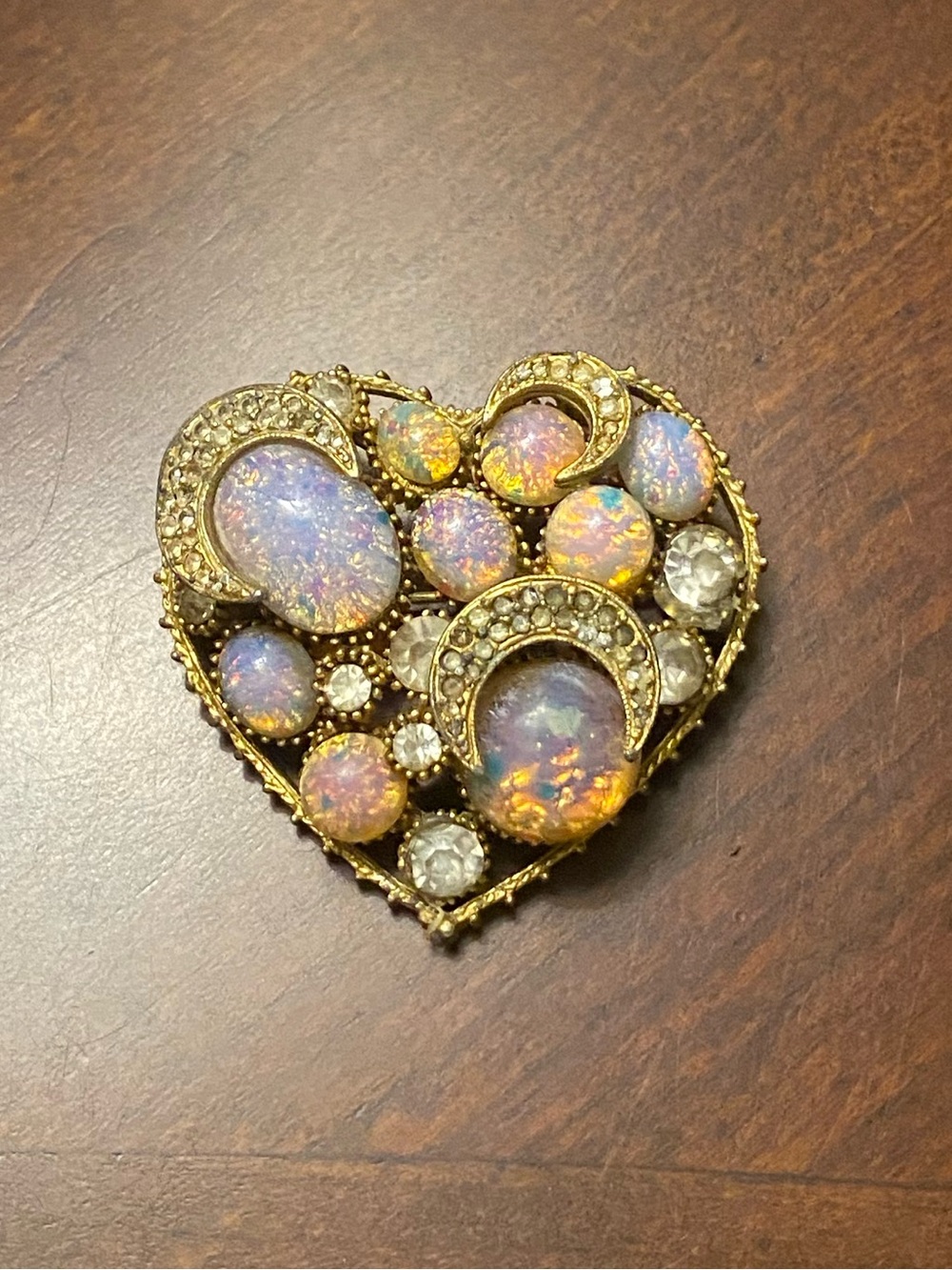 Vintage Dragon’s Breath Faux Opal Heart Brooch Celestial Crescent Moon Pin 2.25"